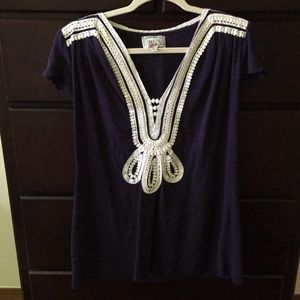 Anthropologie cap sleeve purple shirt w/ lace trim